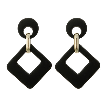 Black Enamel & Goldtone Open Rhombus Drop Earrings
