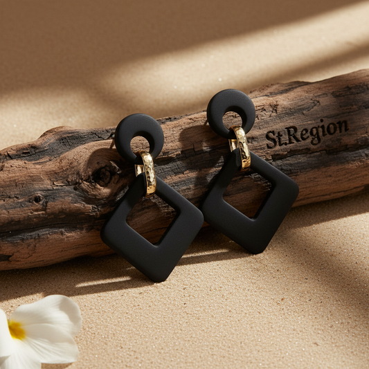 Black Enamel & Goldtone Open Rhombus Drop Earrings