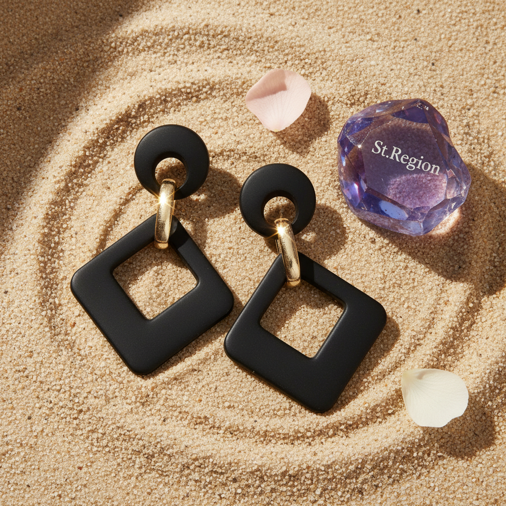 Black Enamel & Goldtone Open Rhombus Drop Earrings