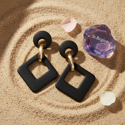 Black Enamel & Goldtone Open Rhombus Drop Earrings