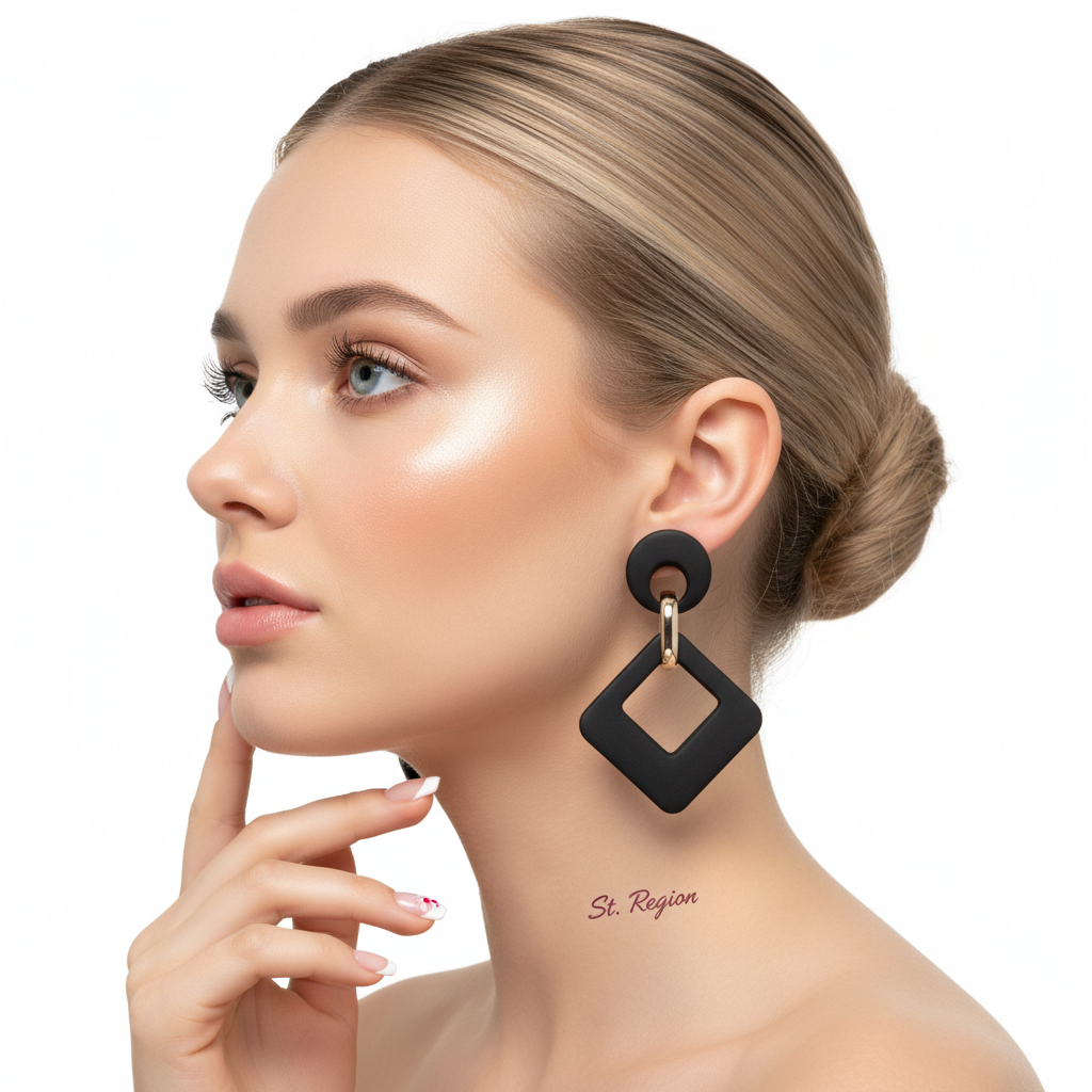 Black Enamel & Goldtone Open Rhombus Drop Earrings
