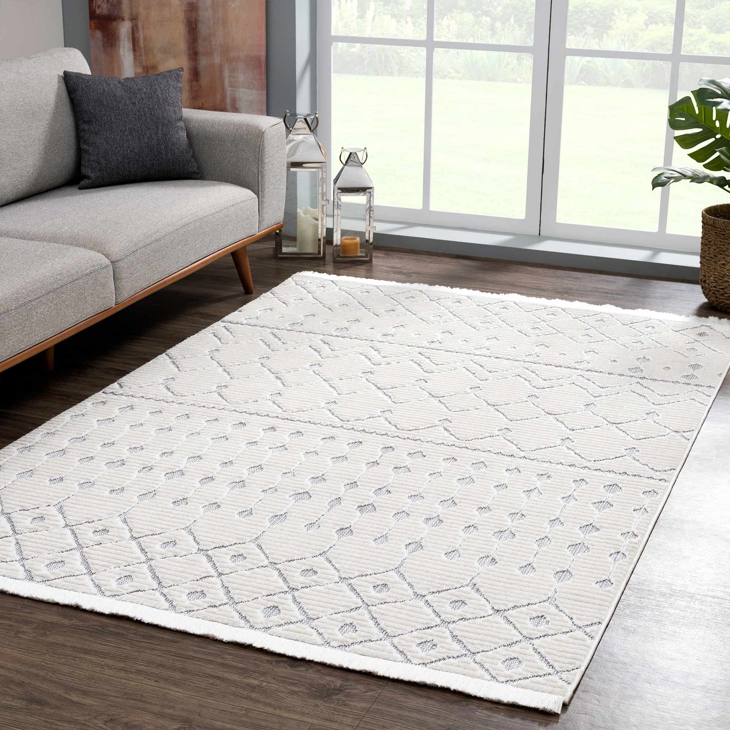 Ivory Gray Beil Textured Trellis Fringe Area Rug - Clearance