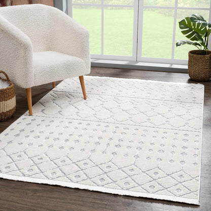 Ivory Gray Beil Textured Trellis Fringe Area Rug - Clearance