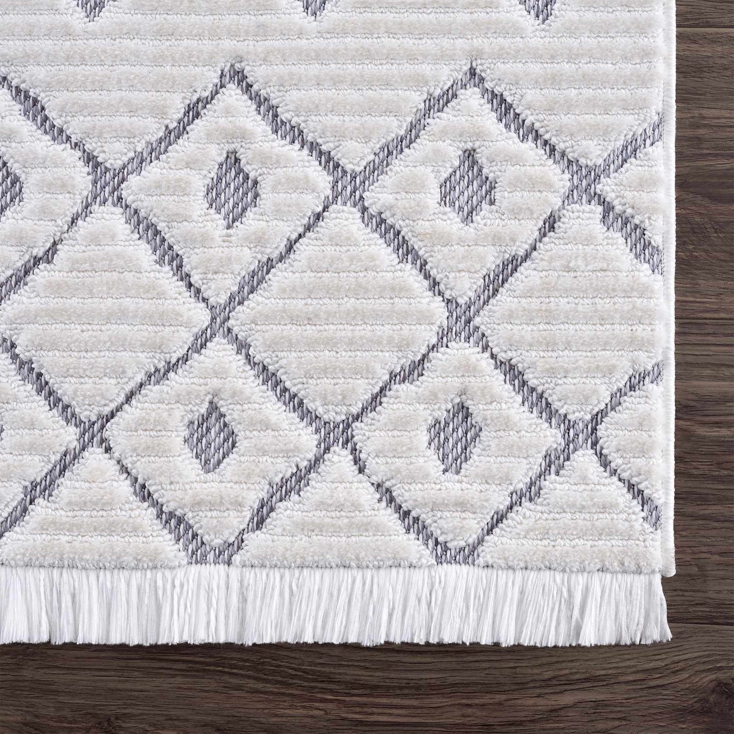 Ivory Gray Beil Textured Trellis Fringe Area Rug - Clearance