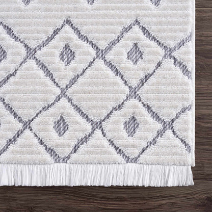 Ivory Gray Beil Textured Trellis Fringe Area Rug - Clearance
