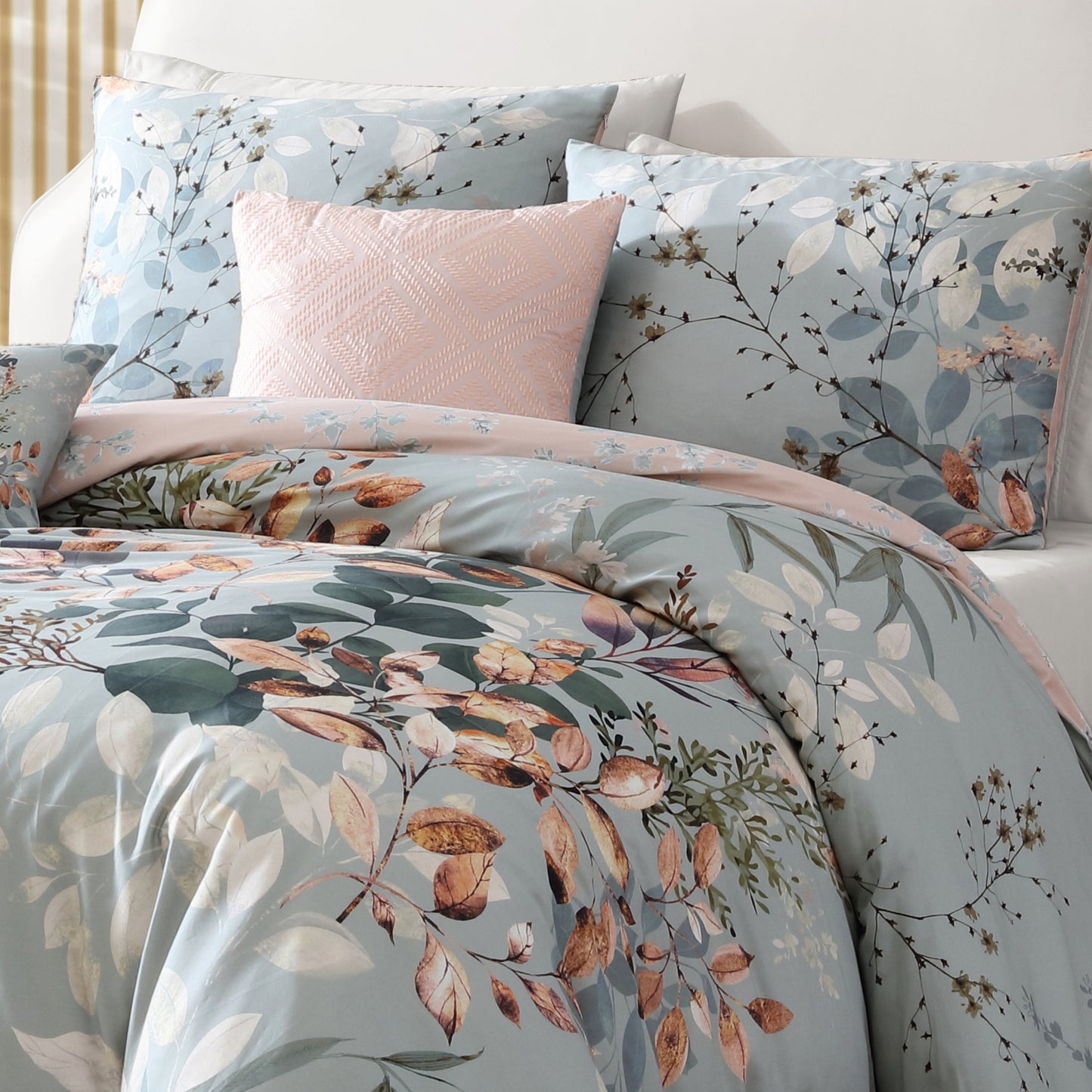 Bebejan Peach Leaves on Sage 5 Piece Reversible Comforter Set