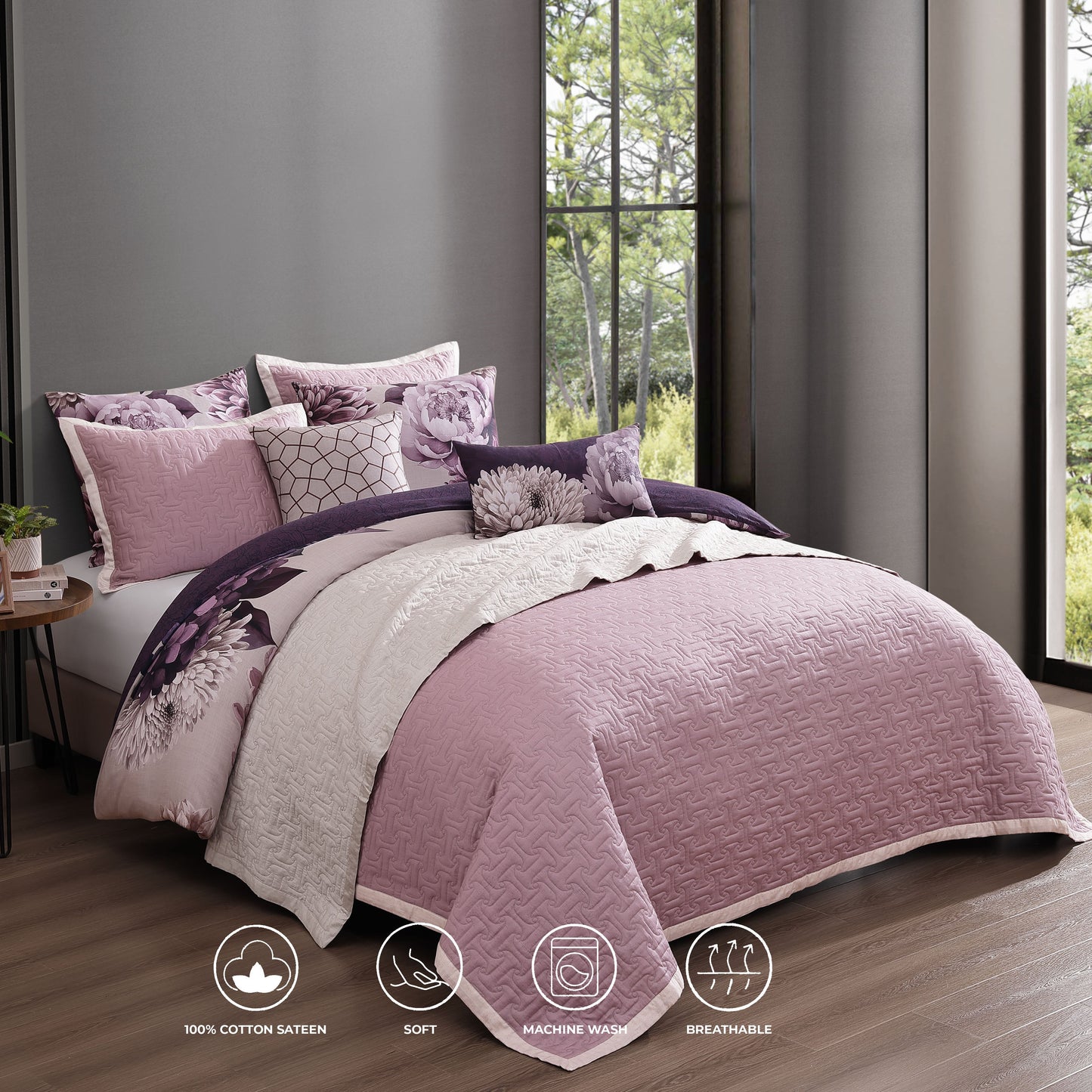 Bebejan Plum Petal 8 Piece Reversible Comforter & Coverlet Set