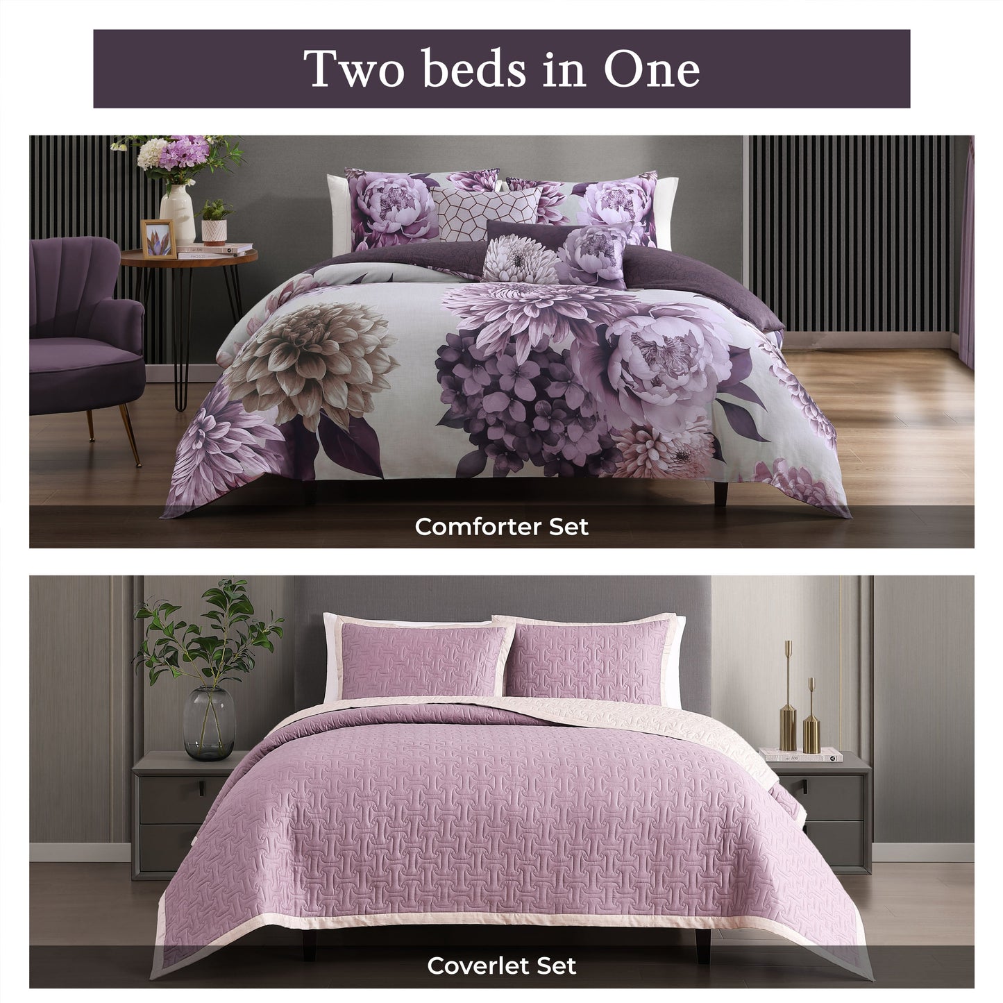 Bebejan Plum Petal 8 Piece Reversible Comforter & Coverlet Set