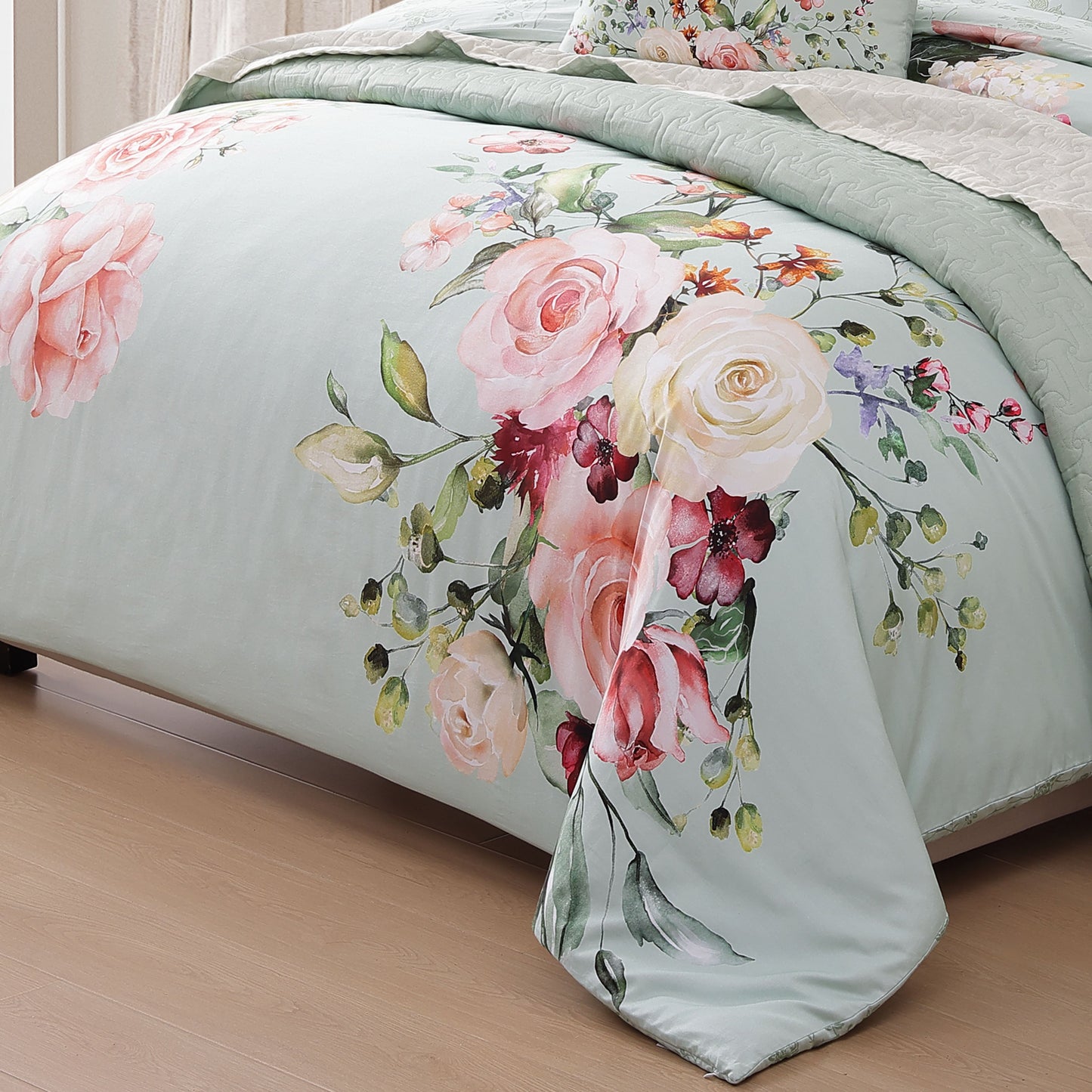 Bebejan Rose on Misty Green 8 Piece Reversible Comforter & Coverlet Set