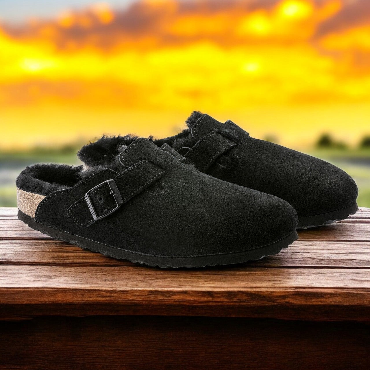 Birkenstock Men's Boston Shearling Black Suede Leather Regular Width Width)