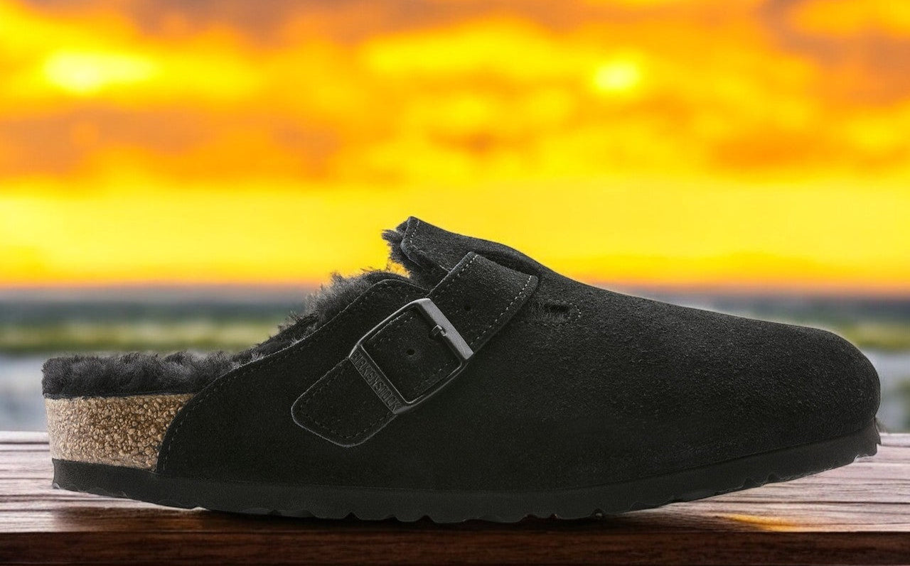 Birkenstock Men's Boston Shearling Black Suede Leather Regular Width Width)