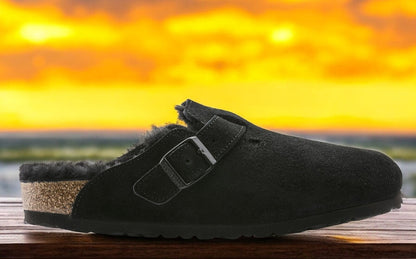 Birkenstock Men's Boston Shearling Black Suede Leather Regular Width Width)