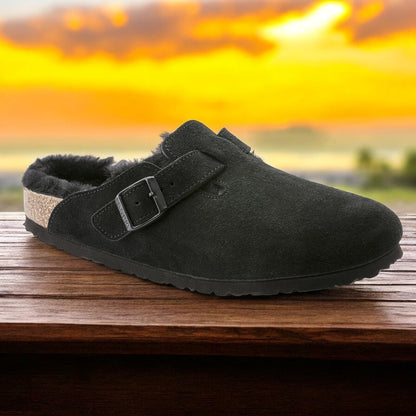 Birkenstock Men's Boston Shearling Black Suede Leather Regular Width Width)