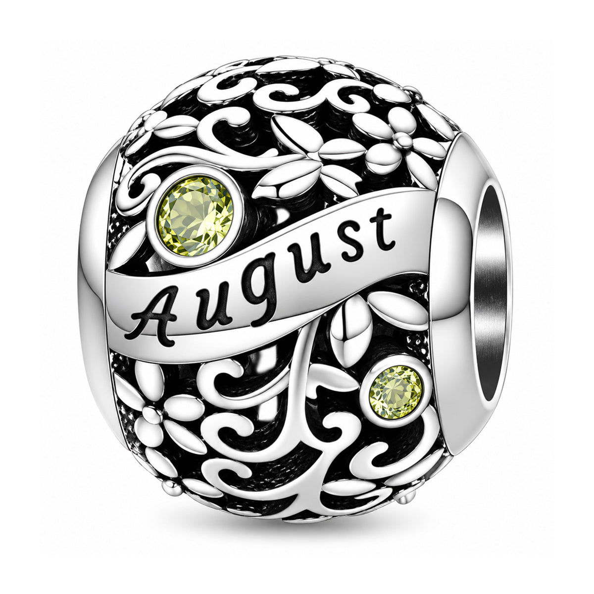 Sterling silver birthstone charm bead - August