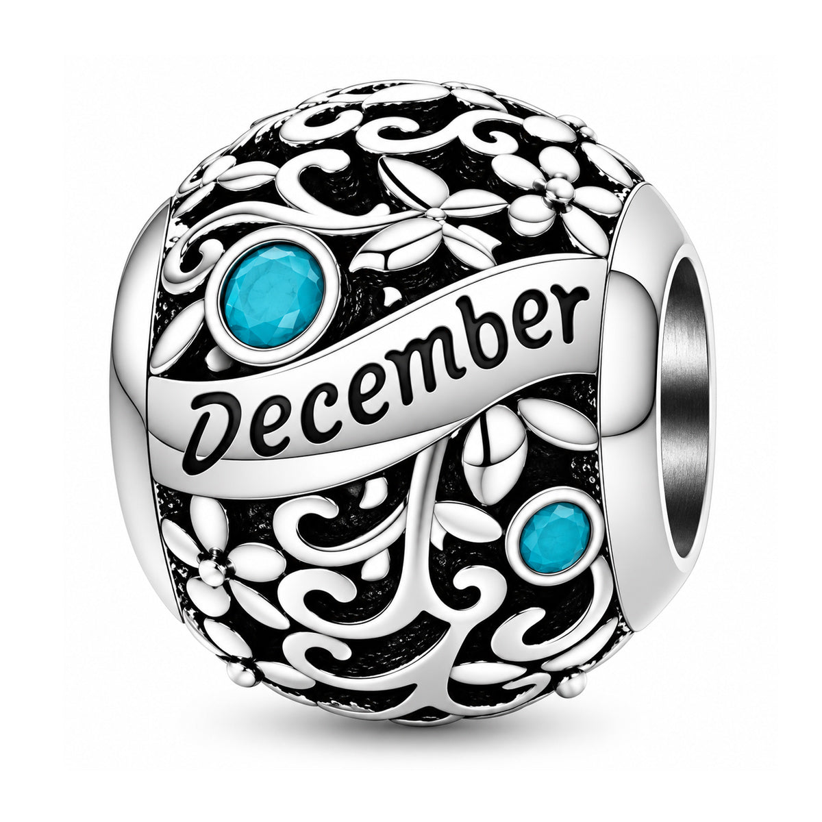 Sterling silver birthstone charm bead - December