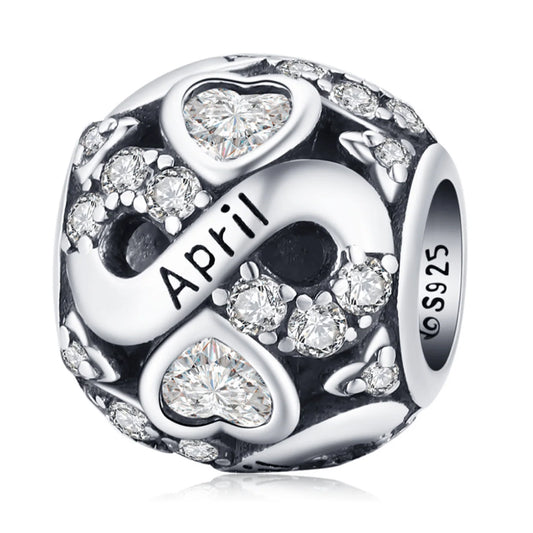 Ag Sterling - April Sterling Silver & CZ Birthstone Hearts Charm