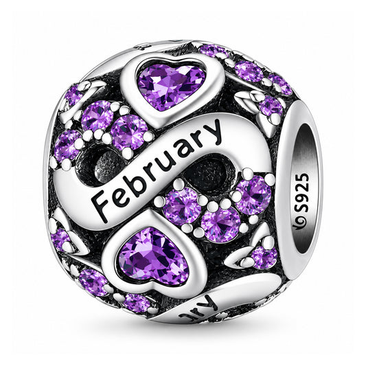 Ag Sterling - February Sterling Silver & CZ Birthstone Hearts Charm