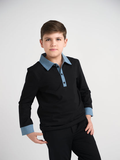 Black Polo With Demin Trim