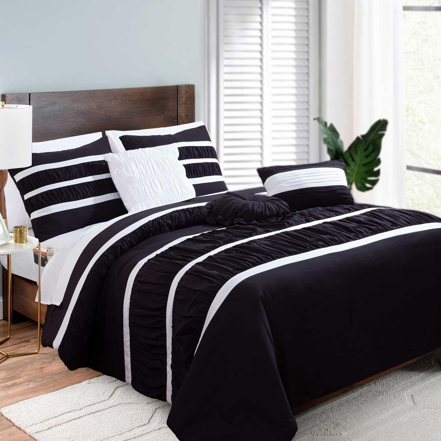 Mocassi 12-Piece Isabella Pleated Ruched Ruffled Comforter Set, Includes 6-Piece Sheet Set with Double Sided Storage Pockets