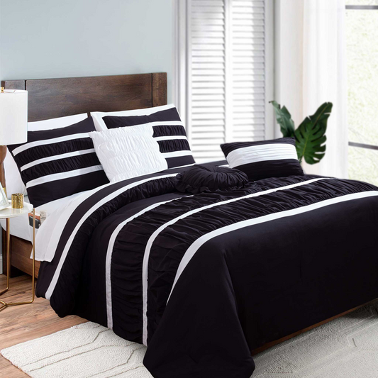 Mocassi 12-Piece Isabella Pleated Ruched Ruffled Comforter Set, Includes 6-Piece Sheet Set with Double Sided Storage Pockets