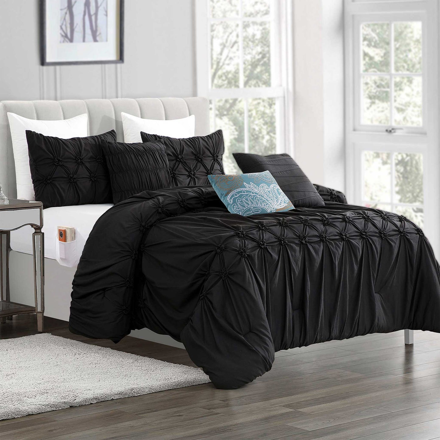 Mocassi 12-Piece Ella Pleated Ruched Pintuck Comforter Set, Includes 6-Piece Sheet Set with Double Sided Storage Pockets