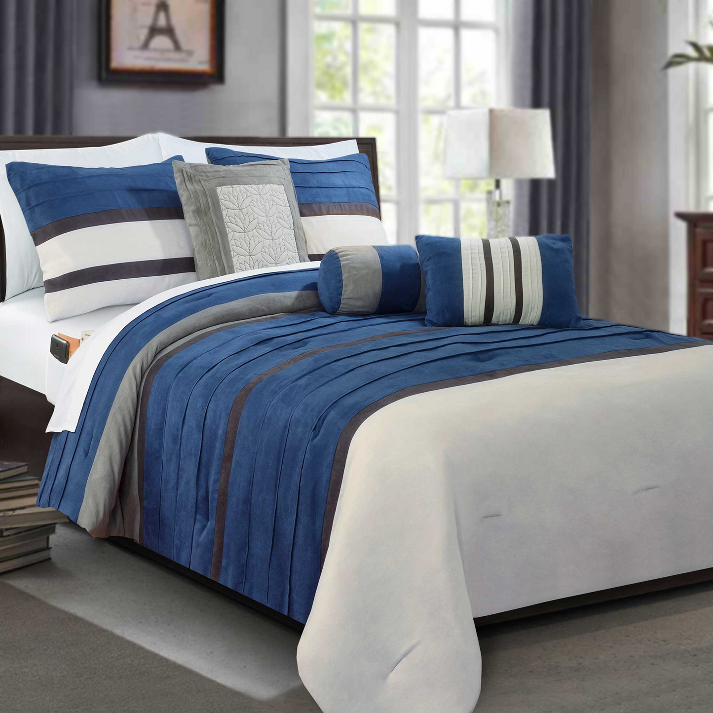 Mocassi 12-Piece Cirena Micro suede Comforter Set, Includes 6-Piece Sheet Set with Double Sided Storage Pockets