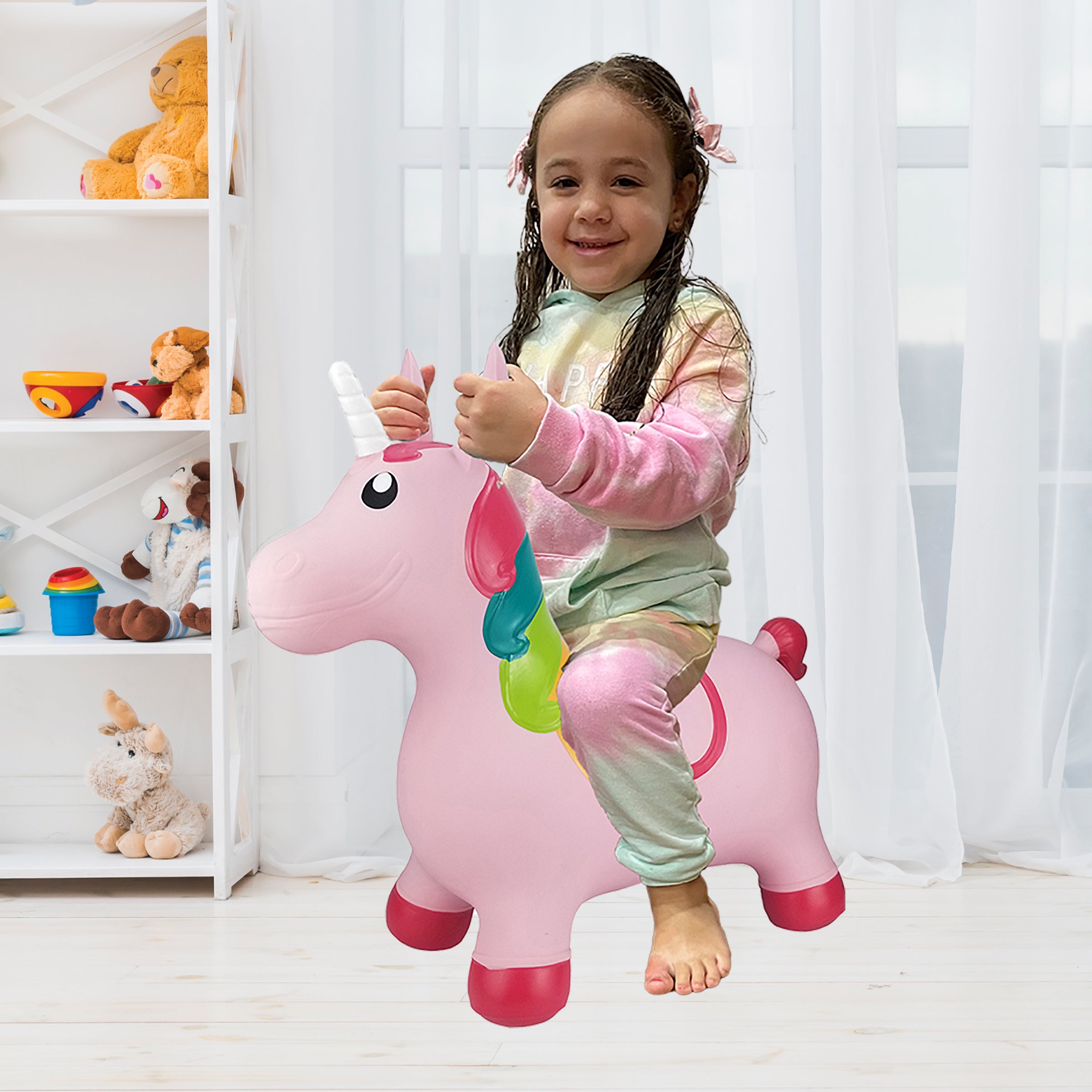 BounceZiez Inflatable Bouncy Ride-On Hopper with Pump - Pink Unicorn ...