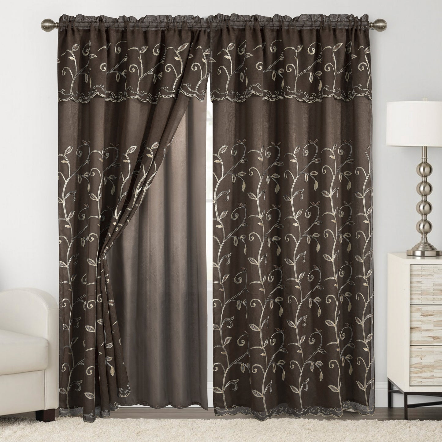 Elegant Comfort Set of 2 Lucia Curtain Panels - Attached Valance - 54" W x 84" L