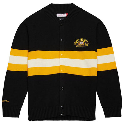 Mitchell & Ness Men's NHL 100Th Anniversary Striped Cardigan Sweater Bruins