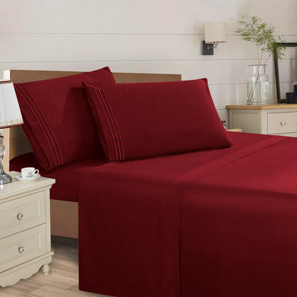 Elegant Comfort Essential 4-Piece 3-Line Embroidery Sheet Set, Soft as a Hotel Premium Quality,  Moody Shades