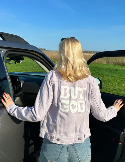 Elevated Faith But God Cropped Denim Jacket