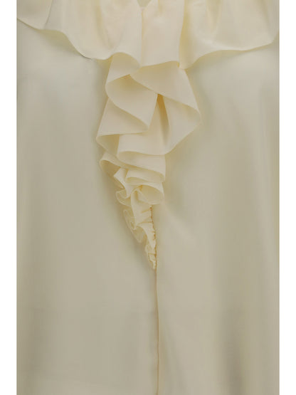 Shirt Ruffled V-Neck Pristine White Silk