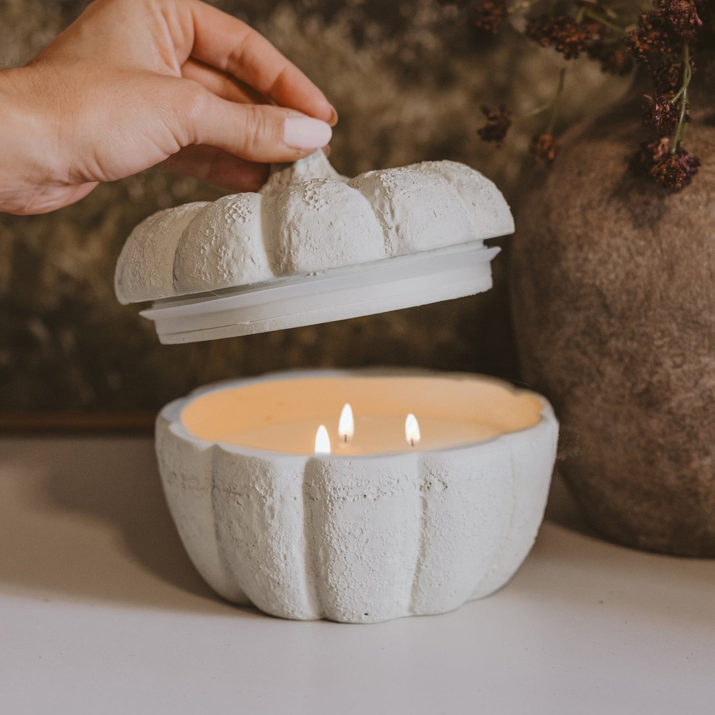 Cashmere and Vanilla Soy Candle - Cement Pumpkin Jar - 13.5 oz