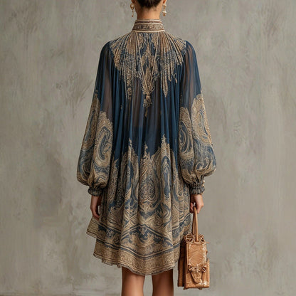 Navy Blue Printed Puff Sleeve Stand Collar Dress – Loose Boho Asymmetric Hem Dress for Women