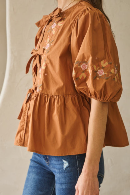 Poplin Front Ribbon Tie Blouse