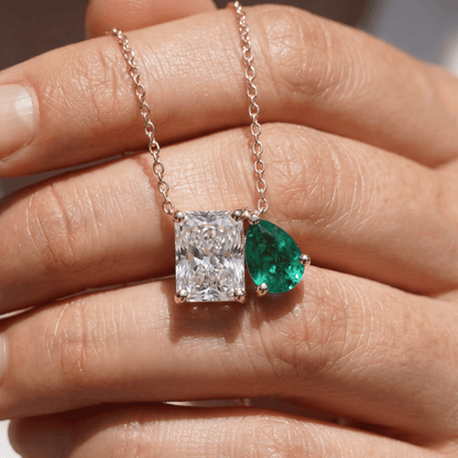 2.50 Cttw Pear Emerald, Ruby, Sapphire and Lab Diamond 14K Yellow Gold Toi et Moi Pendant Necklace