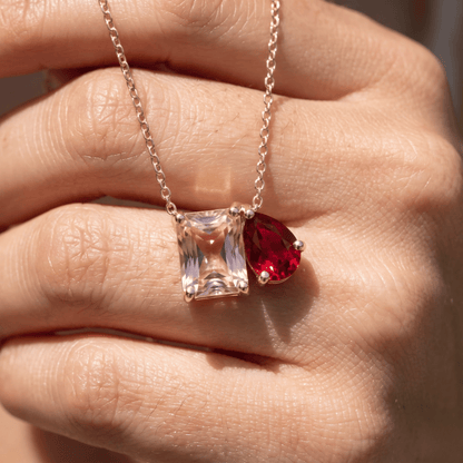 2.50 Cttw Pear Red Ruby and Morganite 14k Yellow Gold Toi et Moi Pendant Necklace