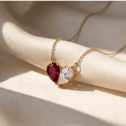 4.44 Cttw Pear Emerald, Ruby, Sapphire and Lab Diamond 14K Yellow Gold Toi et Moi Heart Pendant Necklace