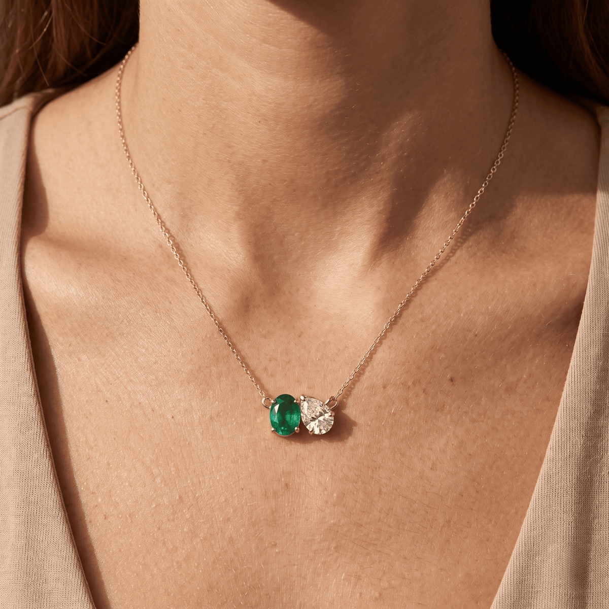 2.95 Cttw Oval Emerald, Ruby, Sapphire and Lab Diamond 14K Yellow Gold Toi et Moi Pendant Necklace