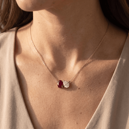 2.95 Cttw Oval Emerald, Ruby, Sapphire and Lab Diamond 14K Yellow Gold Toi et Moi Pendant Necklace