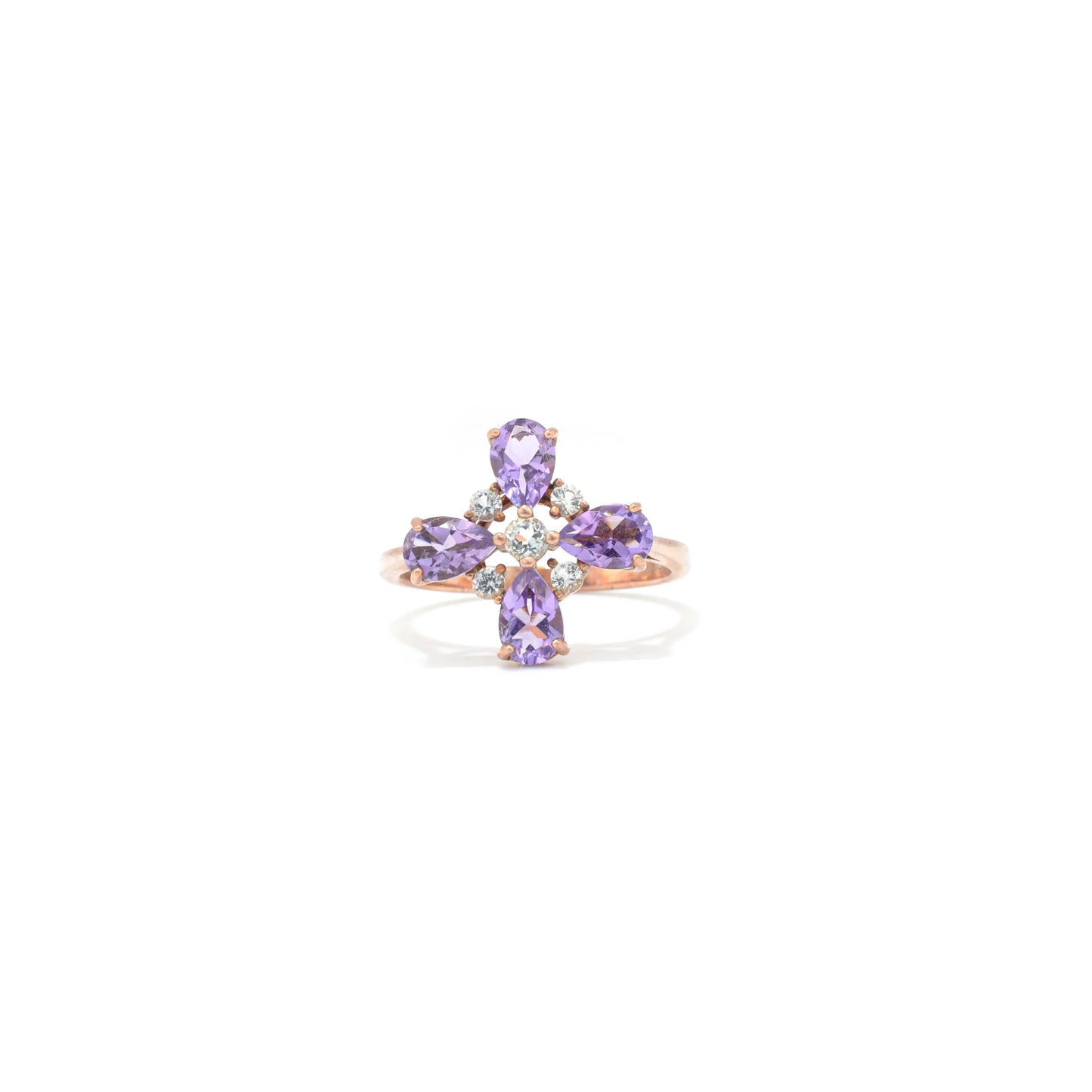 1.28 Ct Pear Purple Amethyst and White Topaz Prong Silver Four Leaf Clover Ring