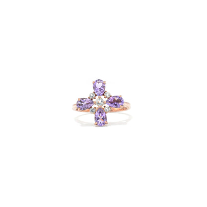 1.28 Ct Pear Purple Amethyst and White Topaz Prong Silver Four Leaf Clover Ring