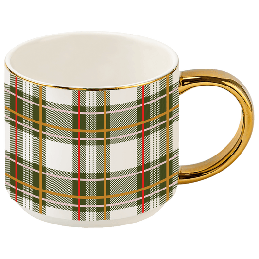 Green Plaid 14 oz Gold Handle Coffee Mug