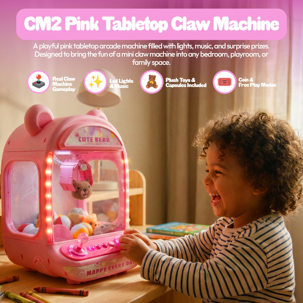 Contixo CM2 Pink Tabletop Claw Machine, Mini Arcade Prize Grabber Game With LED Lights, Music, Toys & Capsules for Girl's Boy's Kids Ages 3+