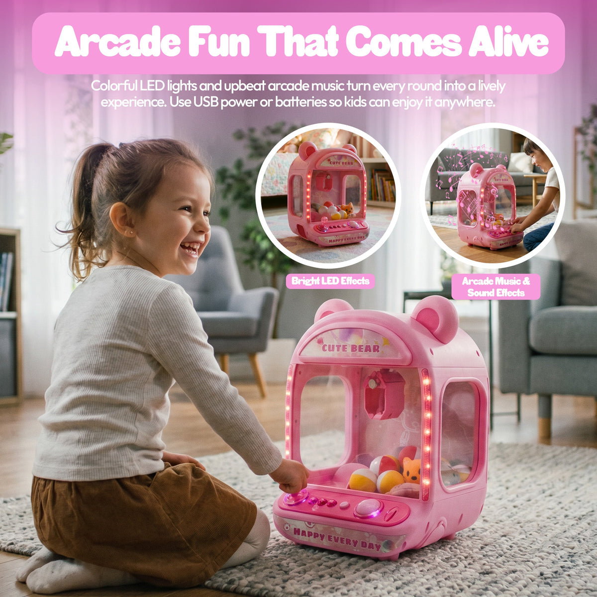 Contixo CM2 Pink Tabletop Claw Machine, Mini Arcade Prize Grabber Game With LED Lights, Music, Toys & Capsules for Girl's Boy's Kids Ages 3+