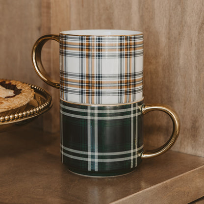 Orange Navy Plaid 14 oz Gold Handle Coffee Mug
