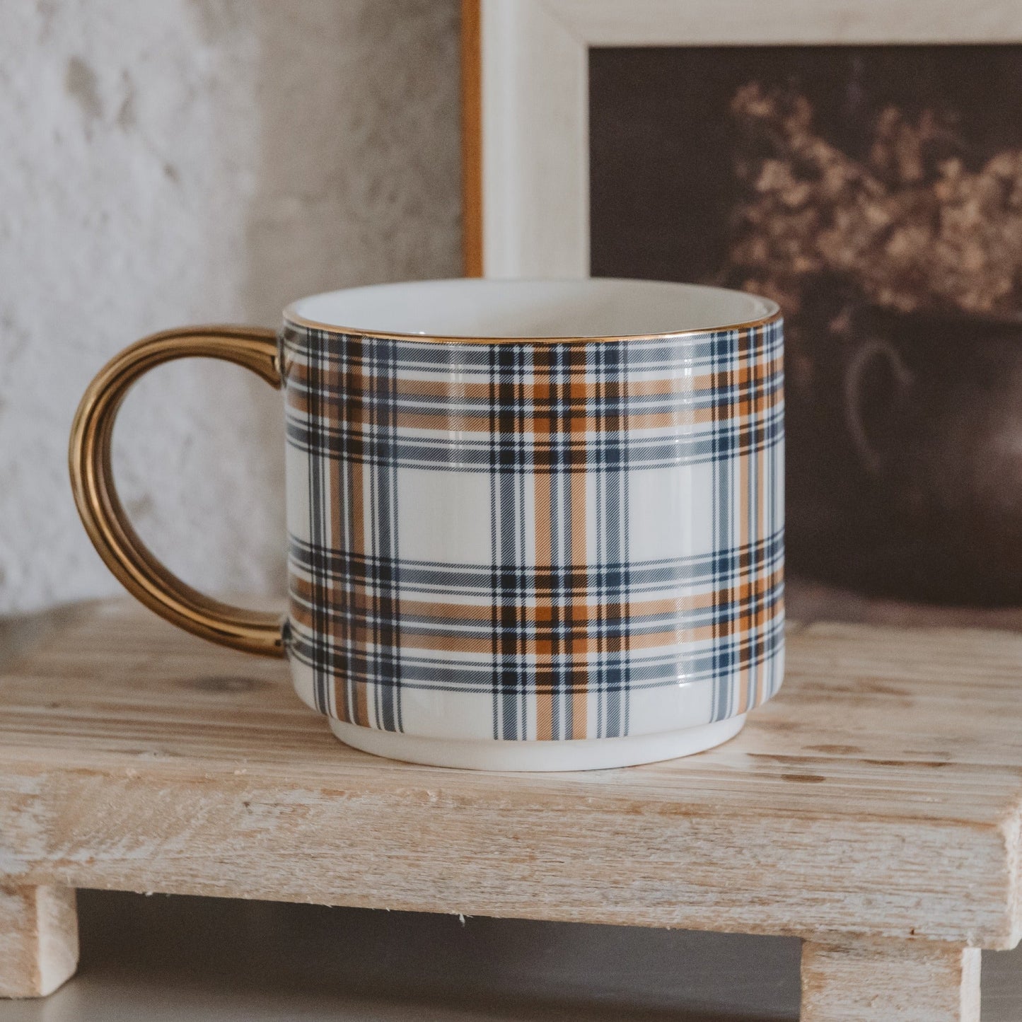 Orange Navy Plaid 14 oz Gold Handle Coffee Mug