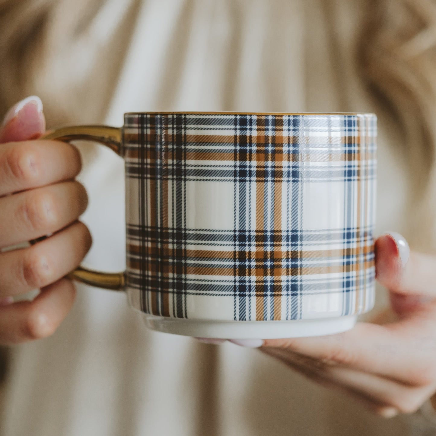 Orange Navy Plaid 14 oz Gold Handle Coffee Mug
