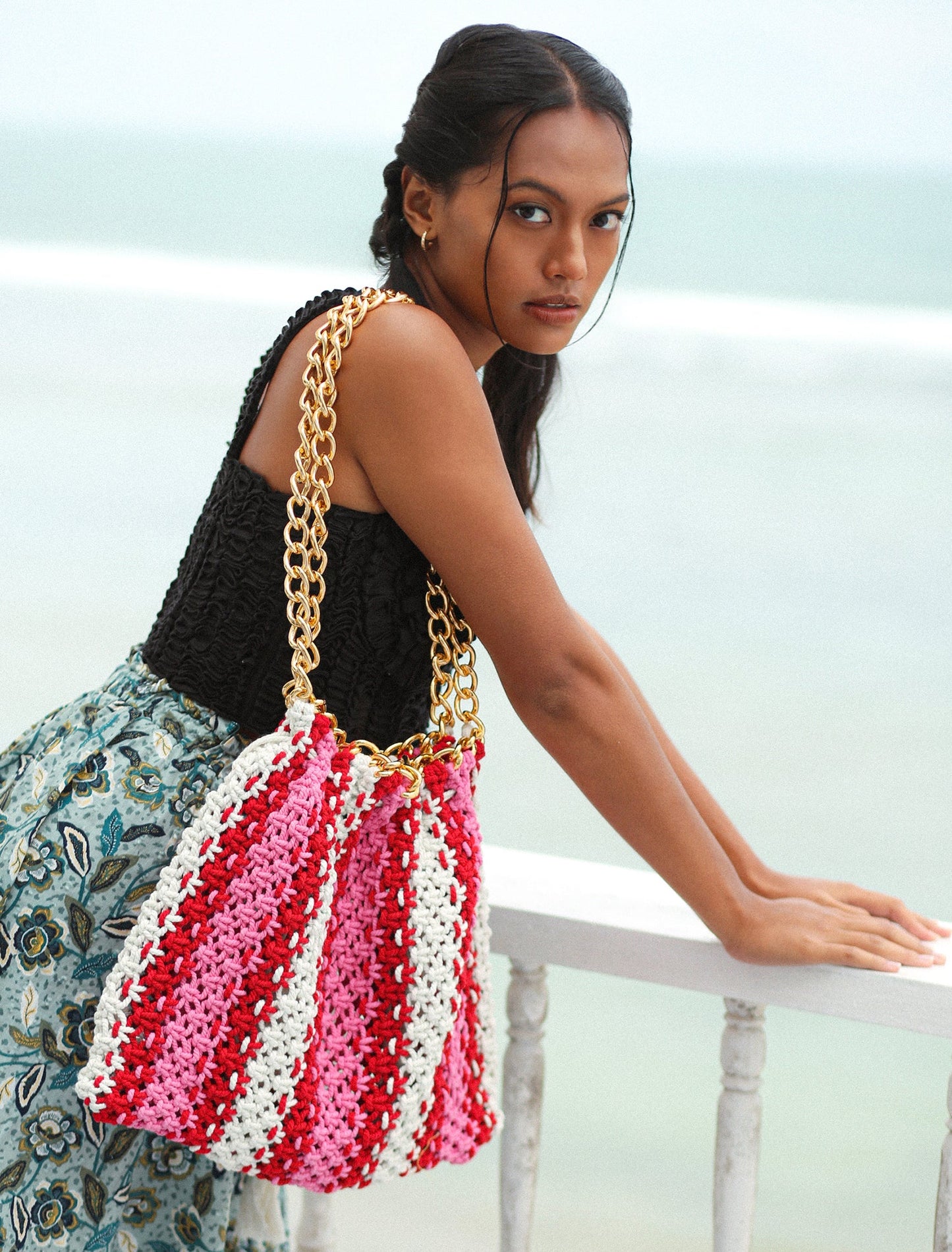 The Colette Macrame Beach Bag In Pink & Red