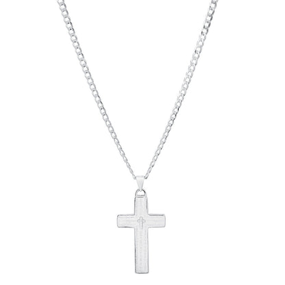 Unisex Sterling Silver Cuban Super Flat Chain And Lord'S Prayer Cross Pendant
